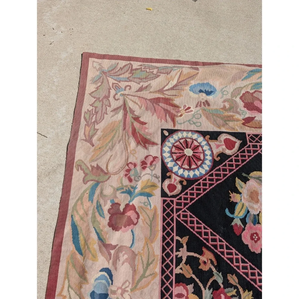 Antique  Aubusson Style Needlepoint Floral  Rug Carpet 13.6 X 9.9 Feet. Estate